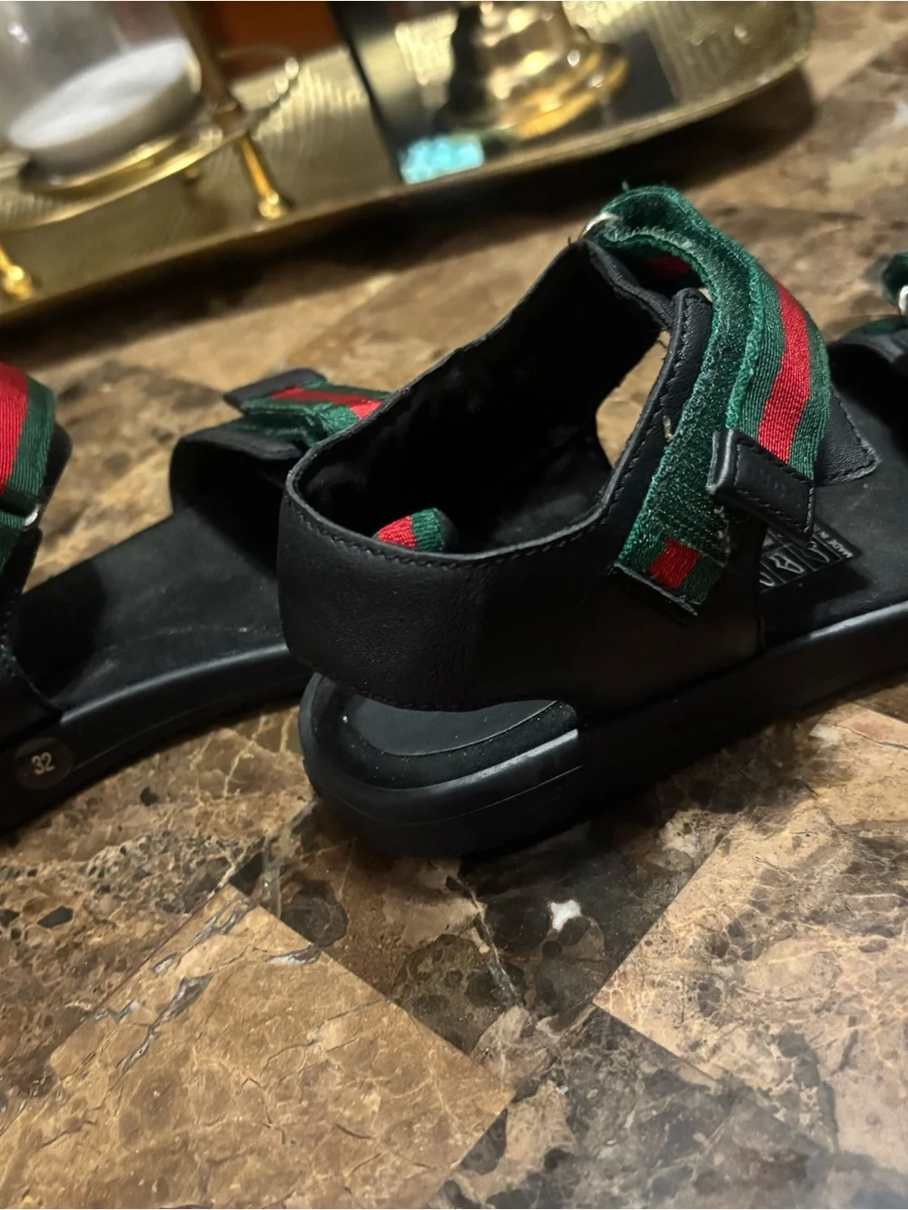 Gucci Kids Black Sandals with Green and Red Web Straps